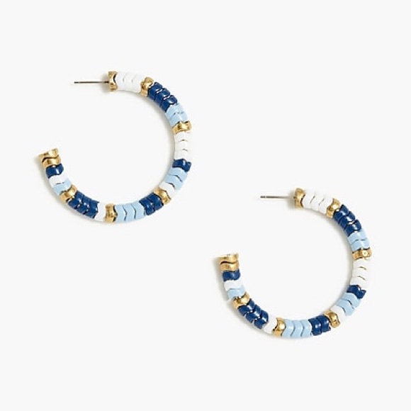 J. Crew Blue and White Colorblock Beaded Chevron Hoop Earrings - Picture 4 of 4
